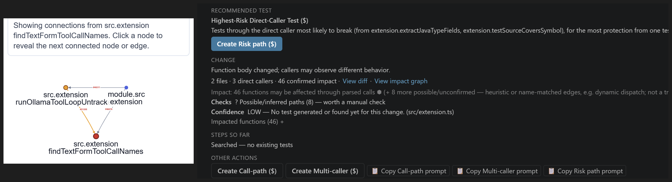 A changed function's recommended test with Create actions, beside its navigable call-path graph